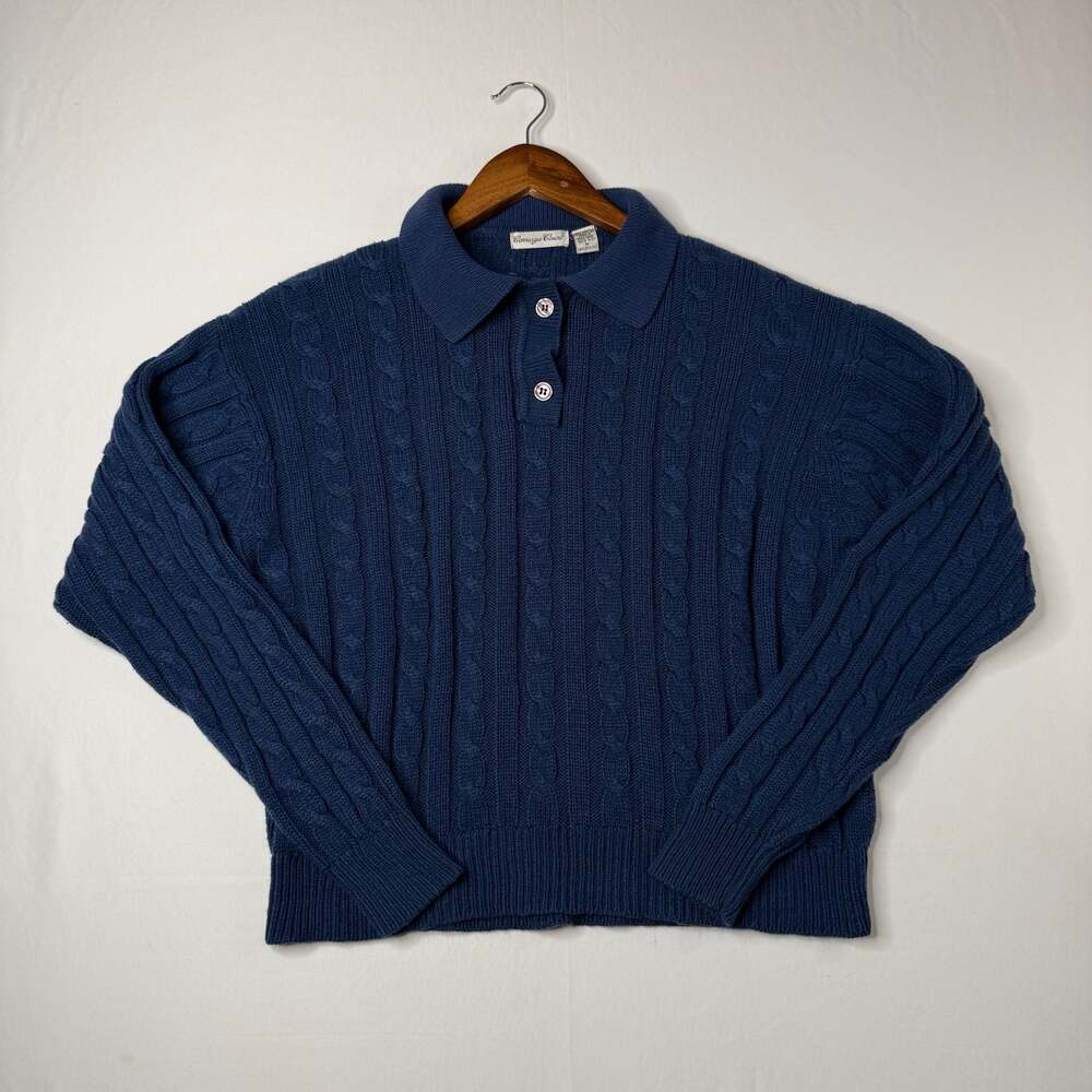Carriage Court Vintage Blue Cable Knit Polo Sweater Size M